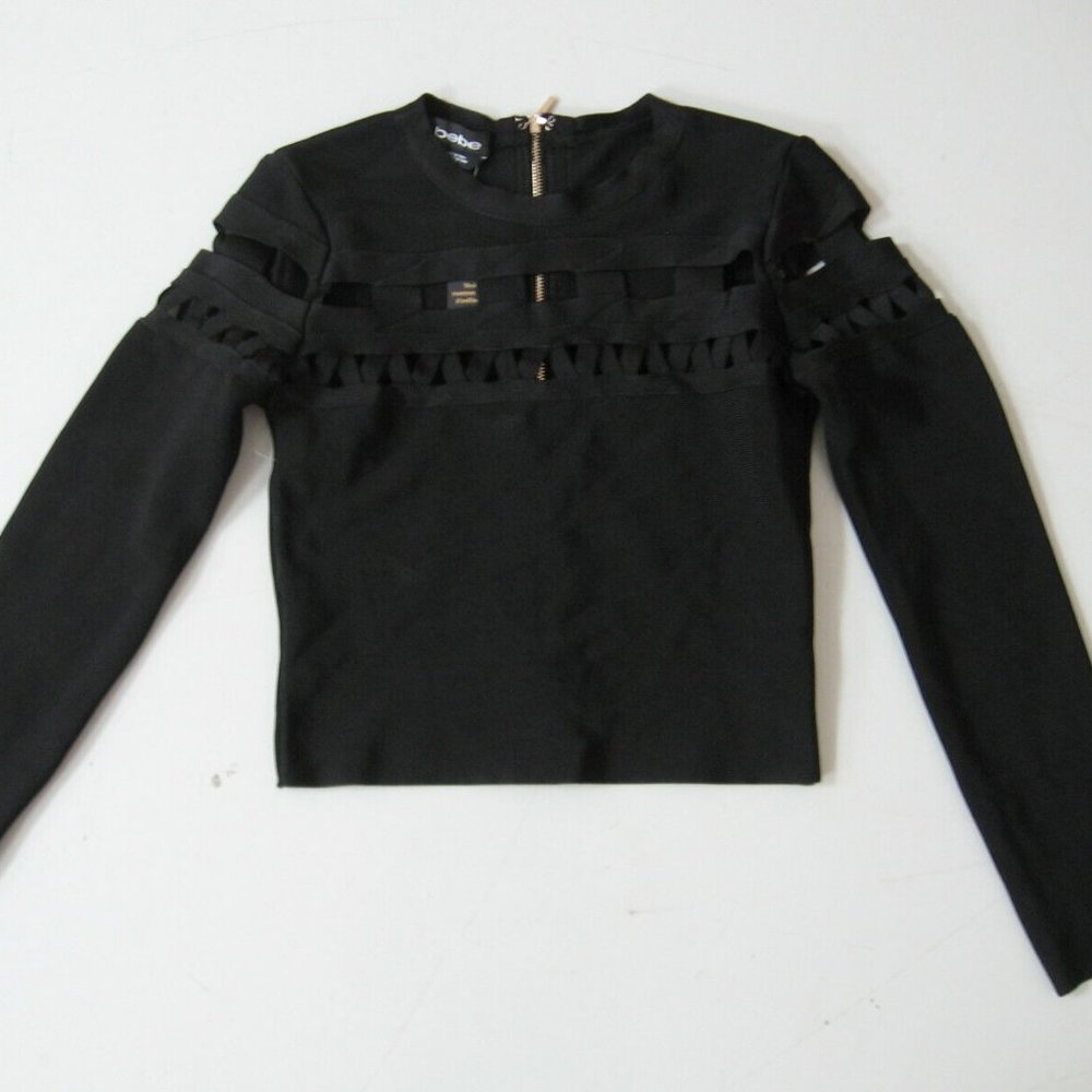 bebe Black Open Detail Cutout Cropped Bodycon Sweater Size Small S NWT